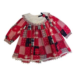 Vintage 1980s Allison Ann Red Blue Patchwork Patterned Long Sleeved Dress